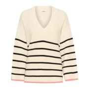 Soaked in Luxury Randig V-ringad Pullover Tröja Whisper White White, D...