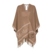 Max Mara Ull Jacquard Logo Cape med Fransar Beige, Dam