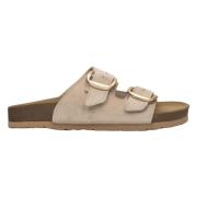 Estro Beige Velour Slide Sandaler med Tjocka Remmar Beige, Dam