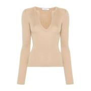 Max Mara Beige Cashmere-Silk V-Neck Sweater Beige, Dam