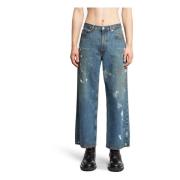 Helmut Lang Indigo Paint Cropped Wide Leg Jeans Blue, Herr