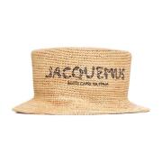 Jacquemus Beige Raffia Hatt med Svart Logotyp Beige, Dam