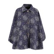 Etro Blommig Jacquard Denim Cape med Pegasus knappar Blue, Dam