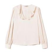 Twinset Ruffle V-Neck Satin Shirt Beige, Dam