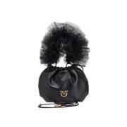 Pinko Svart Nappa Läder Mini Väska med Tulle Handtag Black, Dam