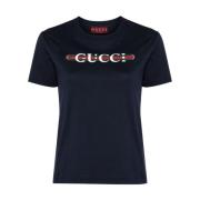 Gucci Blå Logo Print Crew Neck T-shirt Blue, Dam