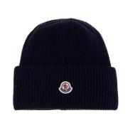 Moncler Ullmössa med logopatch Blue, Dam