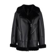 Blancha Shearling Trim Läderjacka Front Zip Black, Dam