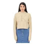 Calvin Klein Jeans Beige Crewneck Sweater med CK Monogram Beige, Dam