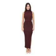 Elisabetta Franchi Bordeaux Ribbad Midi Klänning med Charms Brown, Dam