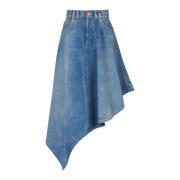 Balmain Veckad asymmetrisk denimkjol Blue, Dam