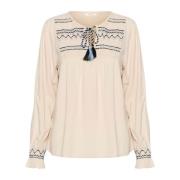 Cream Feminin Blus med Broderade Detaljer Beige, Dam