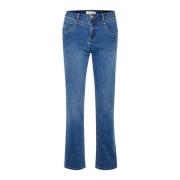 Cream Straight Leg Jeans - Mid Blue Denim Blue, Dam