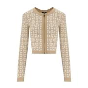 Elisabetta Franchi Monogram Jacquard Kort Cardigan Beige, Dam