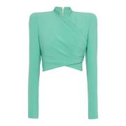 Balmain Crepe Wrap Cropped Top Green, Dam