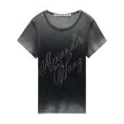 Alexander Wang Åtsittande T-shirt med Cursiv Logo Gray, Dam