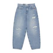 Amish Baggy Denim Jeans med Broderat Logotyp Blue, Dam