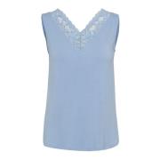 Cream Feminin V-ringad Spetstopp Regn Tvättad Blue, Dam