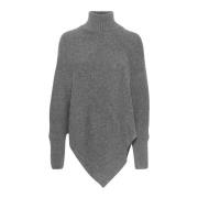 Cream Turtleneck Poncho Strik Asphalt Melange Gray, Dam