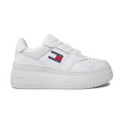 Tommy Hilfiger Stiliga tryckta lädersneakers med gummisula White, Dam