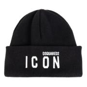 Dsquared2 Svart Vit Stickad Beanie Lana Black, Herr