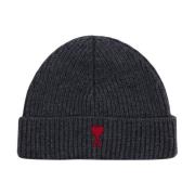 Ami Paris Röd Ull Beanie i Grå Gray, Unisex