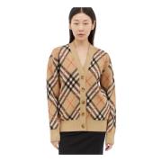 Burberry Check Wool-Blend Cardigan Beige, Dam