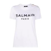 Balmain Logo-Print Button-Embellished T-Shirt Black, Dam