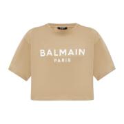 Balmain Kort T-shirt med tryckt logotyp Beige, Dam