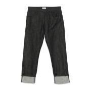 Amish Svarta Denim Jeans med Uppvikt Fåll Black, Herr