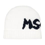 Msgm Krämig ullberet med kontrastlogobroderi Beige, Dam