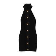 Balmain Svart Stickad Halterneck Klänning med Guldtonade Knappar Black...