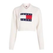 Tommy Jeans Cropped Sweater med V-ringning White, Dam