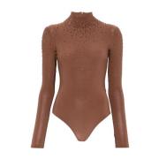 Andrea Adamo Rhinestone Bodysuit Brun Hög Hals Långa ärmar Brown, Dam