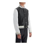 Thom Browne Läder Varsity Bomberjacka Black, Herr