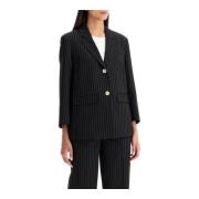 Ganni Randig Boxy Blazer med Vadderade axlar Black, Dam