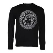 Versace Broderad Crew Neck Bomullströja Black, Herr