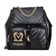 Love Moschino Svart Chevron Quiltad Ryggsäck med Gyllene Detaljer Blac...