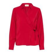 Cream Röd Asymmetrisk V-Ringad Blus Red, Dam