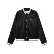 Off White Satin Finish Bomber Jacket Black, Herr