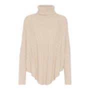 Cream Stickad Poncho med Rullkrage Mönster Beige, Dam