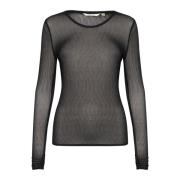 Cream Mesh Långärmad T-shirt Topp Svart Black, Dam