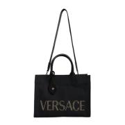 Versace Canvas Läder Crossbody Tote Väska Black, Dam