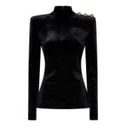 Balmain Svart Sammet Hög Hals Topp Black, Dam