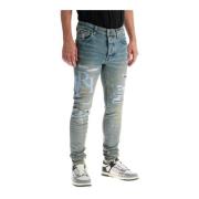 Amiri Slitna läderlogga skinny jeans Blue, Herr