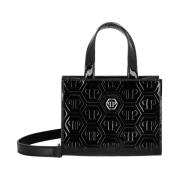 Philipp Plein Monogrammönstrad lackhandväska med pantertryck Black, Da...