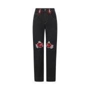 Molly Goddard Svarta Rak Ben Blommiga Broderade Jeans Black, Dam