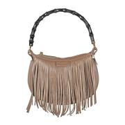 My Best Bags Fringe Läder Väska med Bambu Handtag Beige, Dam