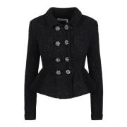 Self Portrait Paljett Peplum Jacka med Tweed Konstruktion Black, Dam