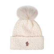 Moncler Vit Stickad Mössa med Logga Pompom White, Dam